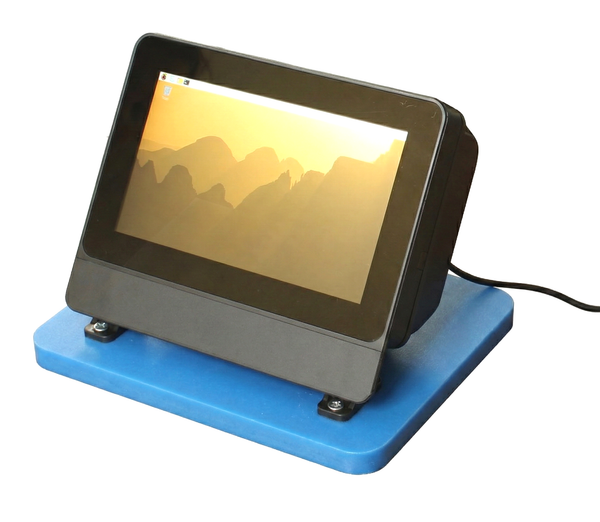 Small screen device on a blue stand with a white background